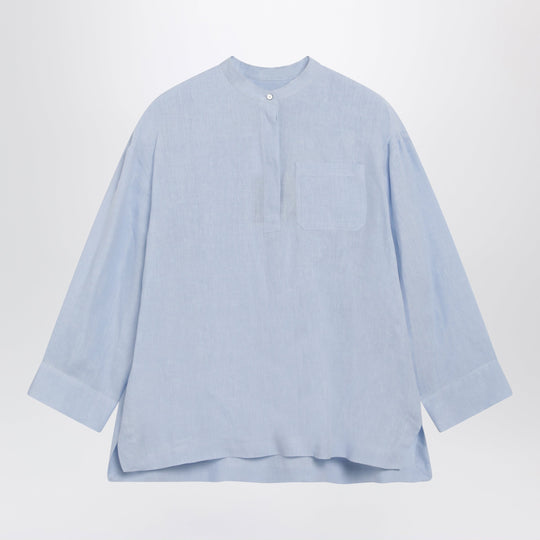 Light Blue Pure Linen Mandarin-Collar Shirt