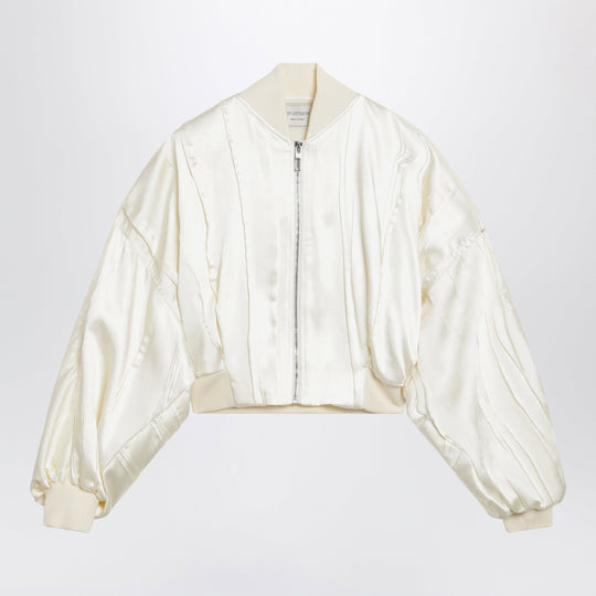Ivory Pleated Satin Bomber Jacket