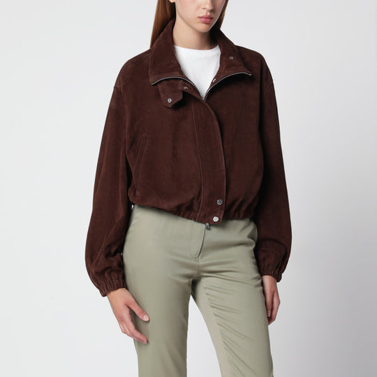 Pia Bomber Jacket In Acajou Brown Suede Leather