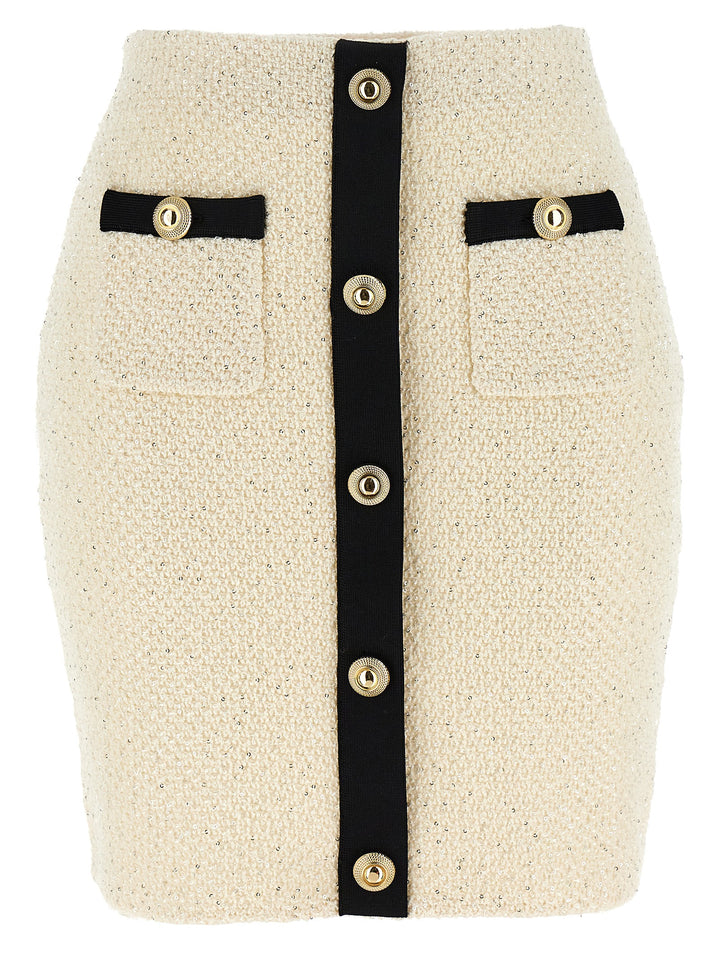 Self Portrait Cream Sequin Knit Mini Skirts - White/Black | 608c05df1851148db0cfc6127b61def1a4b796d6