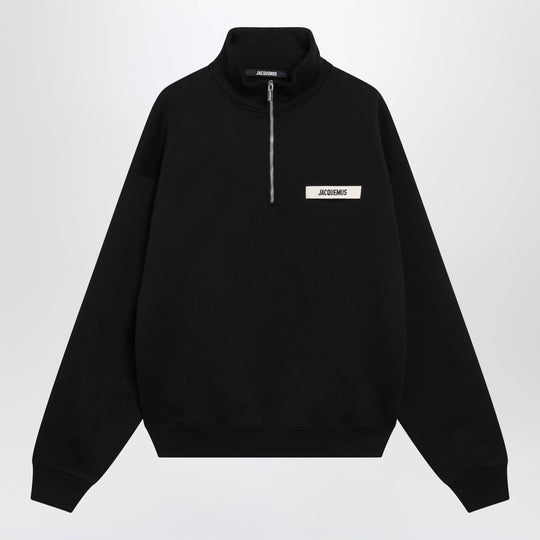 Black Zip-Neck Sweatshirt With Gros Grain Logo