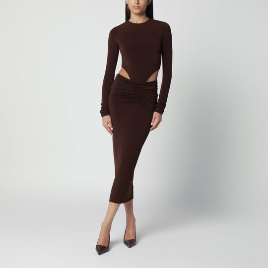 Brown Midi Dress With Waist Cut-Out Detail