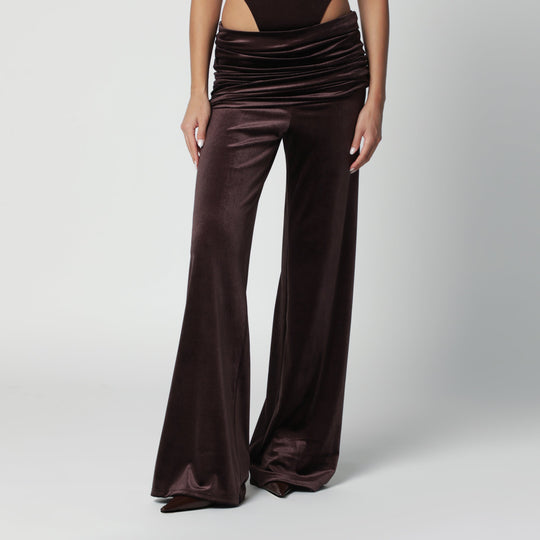 Brown Velvet-Effect Trousers With Draped Waistband