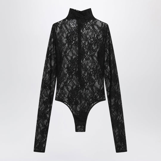 Black Semi-Sheer Lace Turtleneck Bodysuit