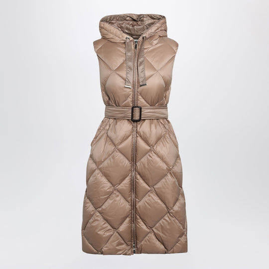Camel Belted Sleeveless Down Jacket