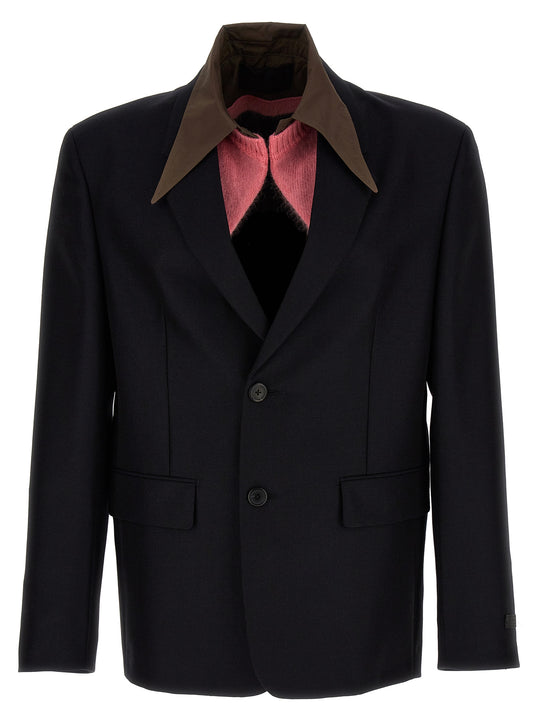 Removable Collar Single-Breasted Blazer Blue