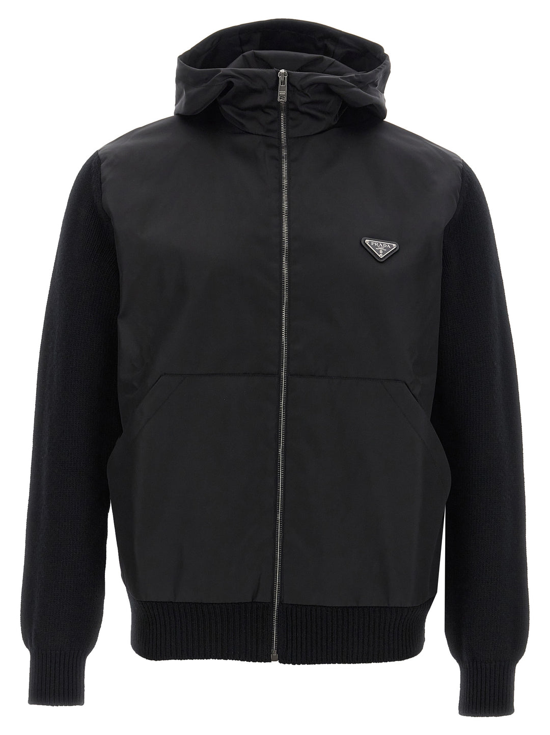Prada Logo Bimaterial Cardigan Sweaters and Cardigans - Black | e723526cd9aff164c51e4c332f9a8830d0505bf2