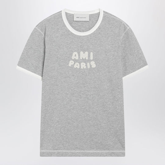 Grey/Cream Cotton T-Shirt With Logo Appliqué