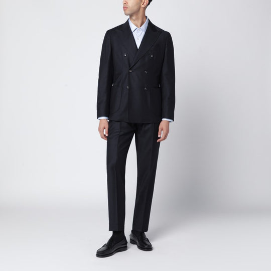 Blue Double-Breasted Suit In Wool And Cashmere