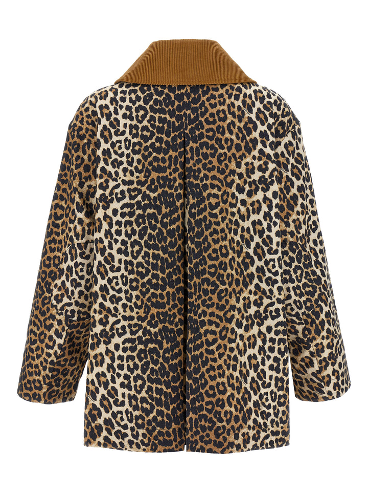 Ganni Leopard Printed Canvas Midi Puffer Jackets - Brown | 3f8de1f8d9940ff687cd6fbc5350286f4b4f9024