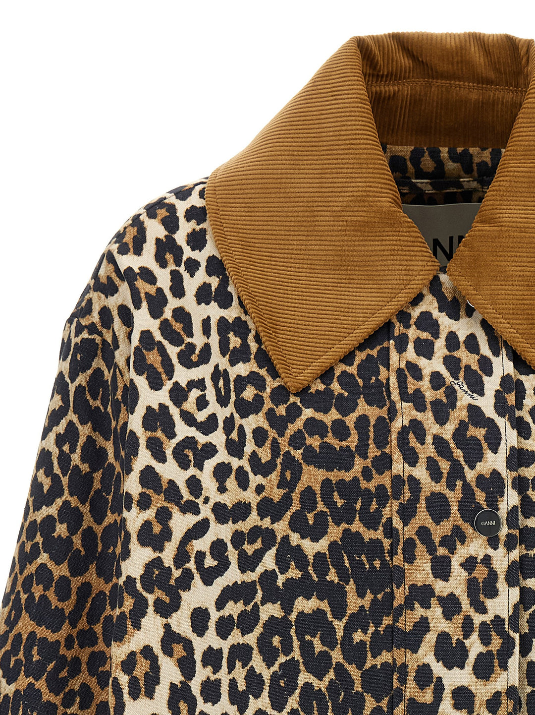 Ganni Leopard Printed Canvas Midi Puffer Jackets - Brown | 666b9f423850004b13f96c91599090c83c3cf701