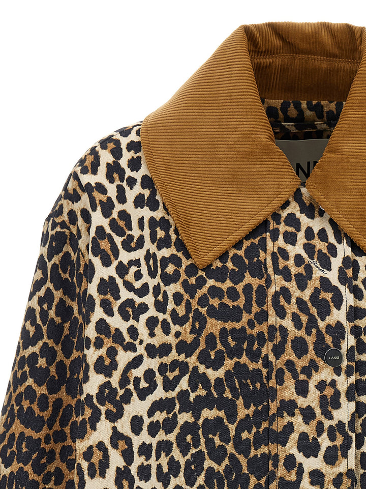 Ganni Leopard Printed Canvas Midi Puffer Jackets - Brown | 666b9f423850004b13f96c91599090c83c3cf701