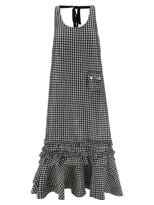 Crinkled Check Long Dresses Black