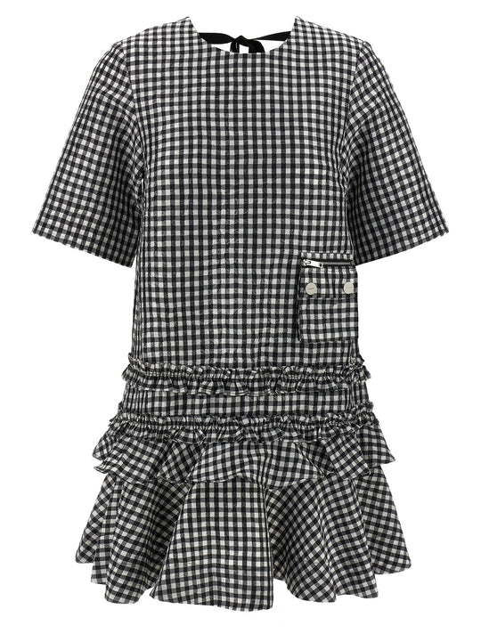 Crinkled Check Mini Dresses White/Black