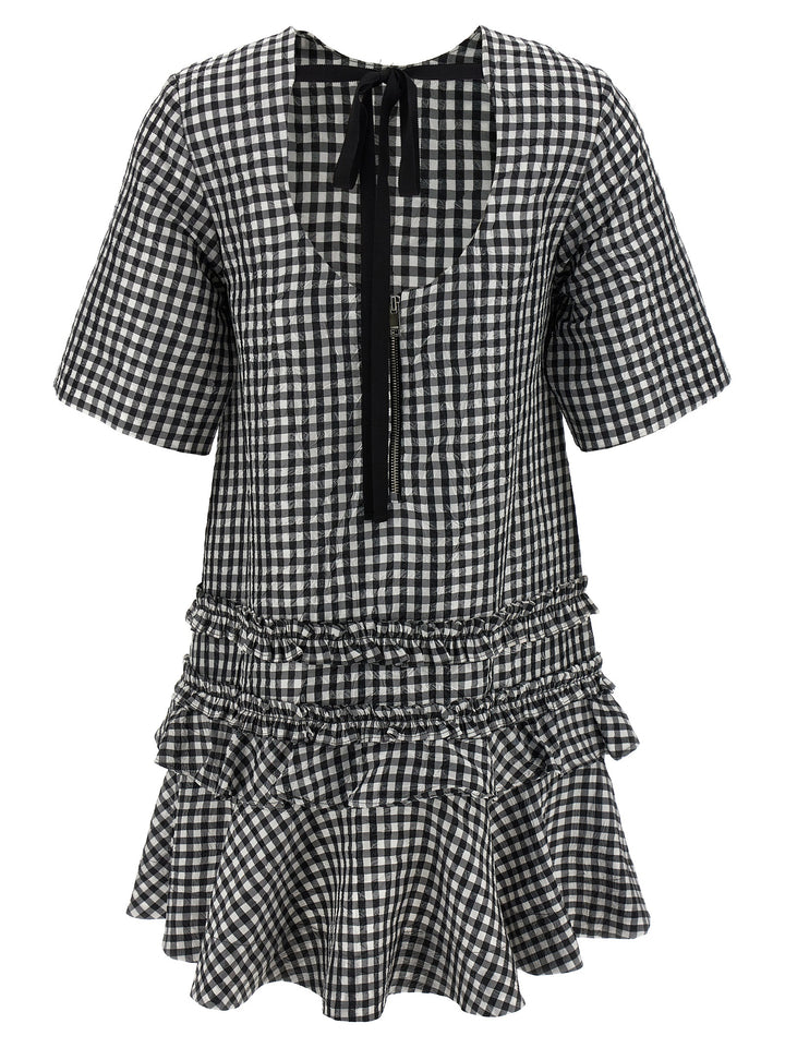 Ganni Crinkled Check Mini Dresses - White/Black | 60cd2de69188c9cfe907fe09d9bb95d6333a3812