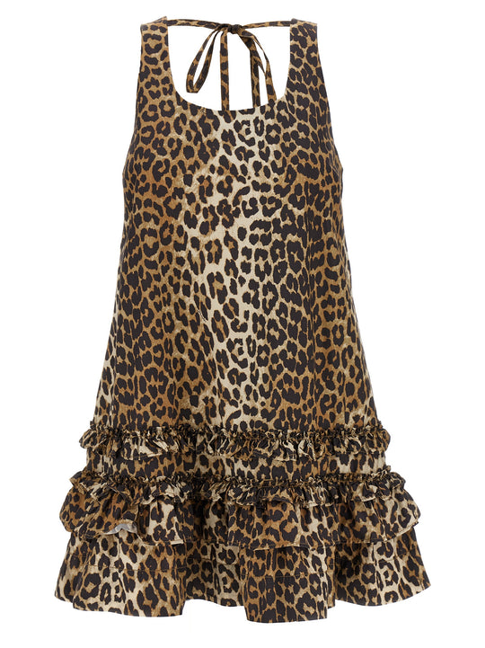 Leopard Cotton Poplin Mini Dresses Brown