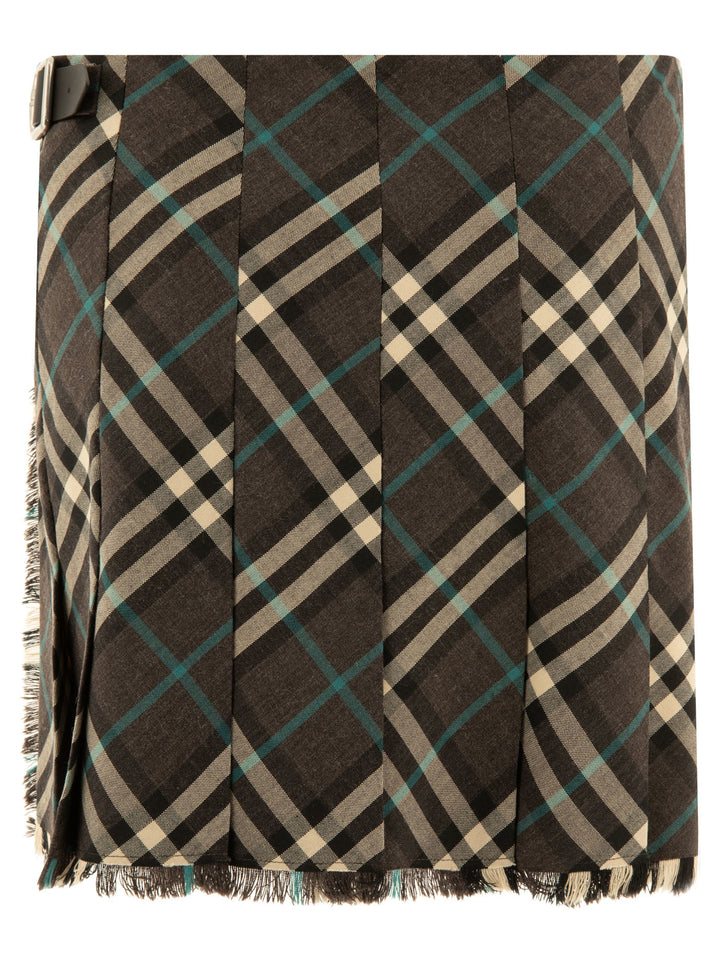 Burberry Check Wool Blend Mini Kilt Skirts - Grey | 30aeaaa4d32ca25cc06cabee63c143a3ff21b246