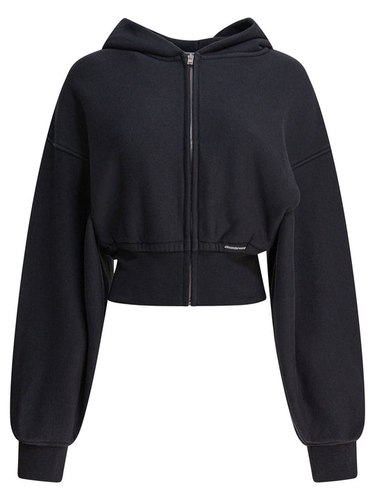 Cropped Zip Up Hoodie With Branded Seam Label Sweatshirts Black