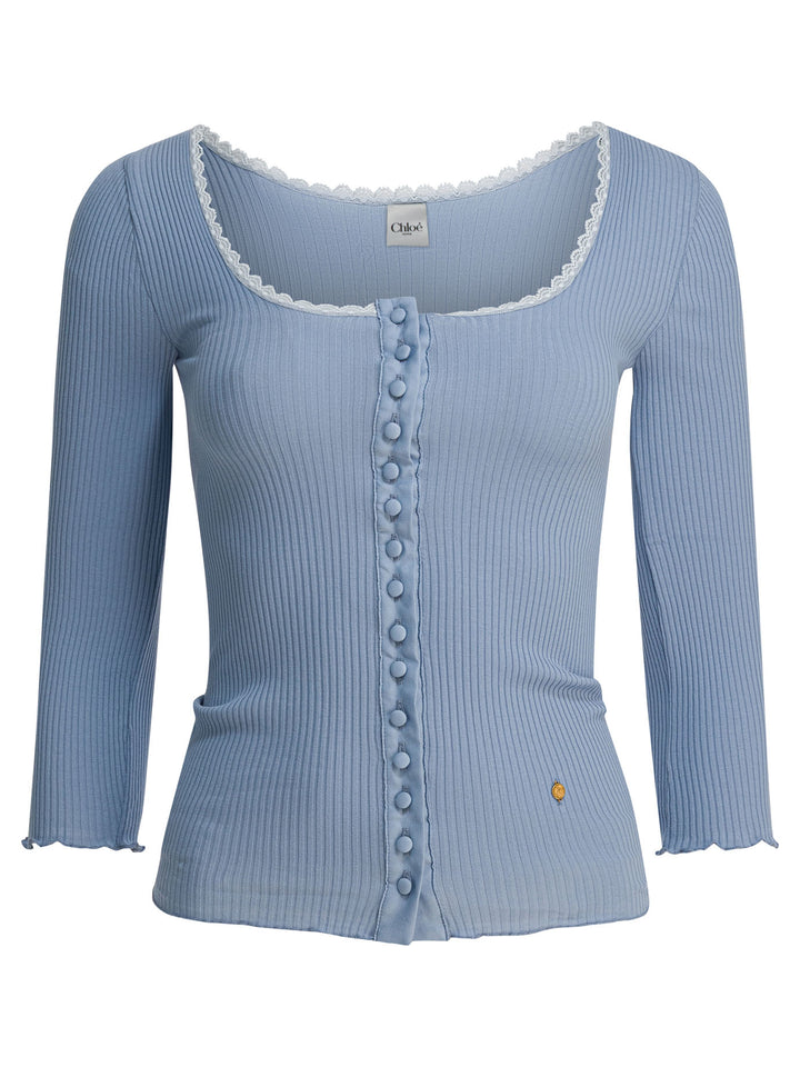 Chloé Fitted Cardigan With Plunging Neckline Knitwear - Light blue | 0c518b6e3f003e958ef97d20b6297c97ce579c32