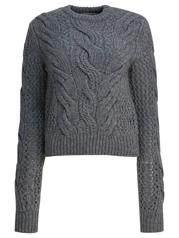 Max Mara Sportmax Wool-Blend Crewneck Sweater With Braids Knitwear - Grey | 85249c8097f5e3bb2e05ad954711cc92bd6ebea0