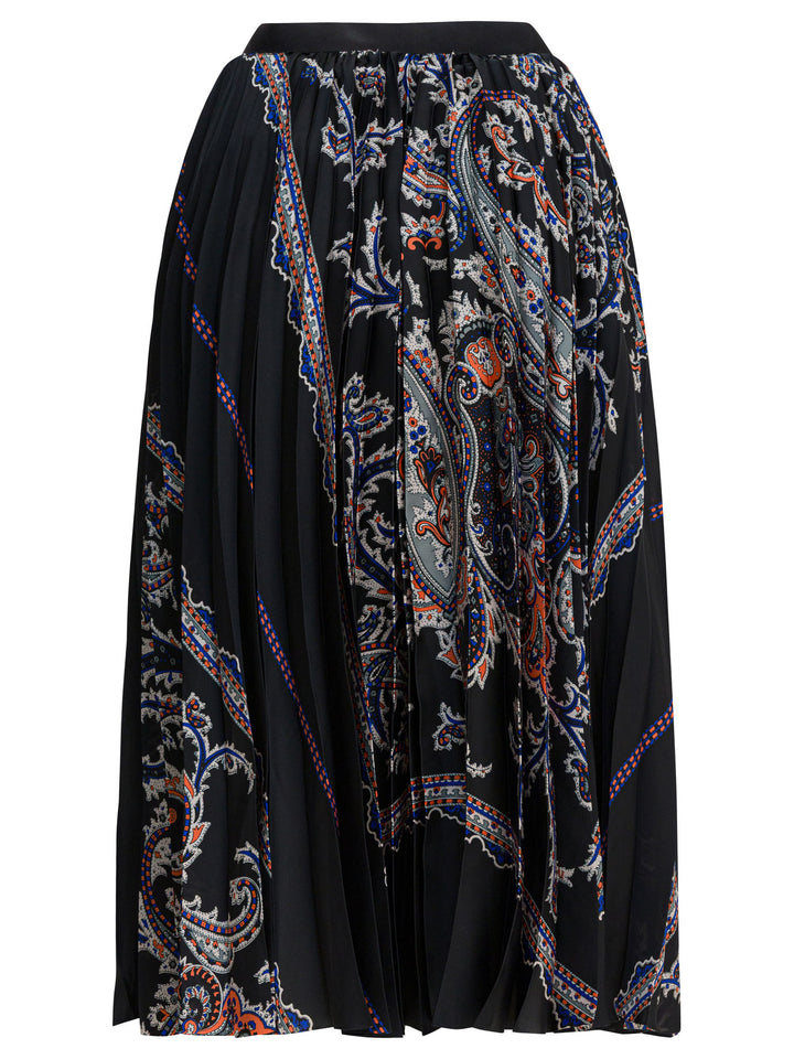 Sacai Pleated Skirt With Paisley Print Skirts - Black | d9e39c4403fcea7854fc30f7338411f4aeed9af7