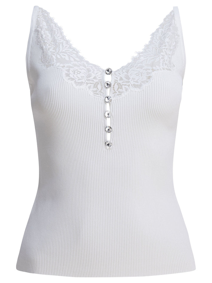 Self-Portrait Ribbed Tank Top With Lace Neckline Tops - White | b1b335945a071f7cdc7fe0745ace24a56d8d8ecd
