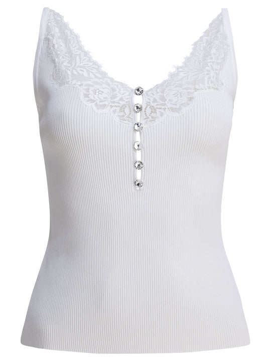 Ribbed Tank Top With Lace Neckline Tops White