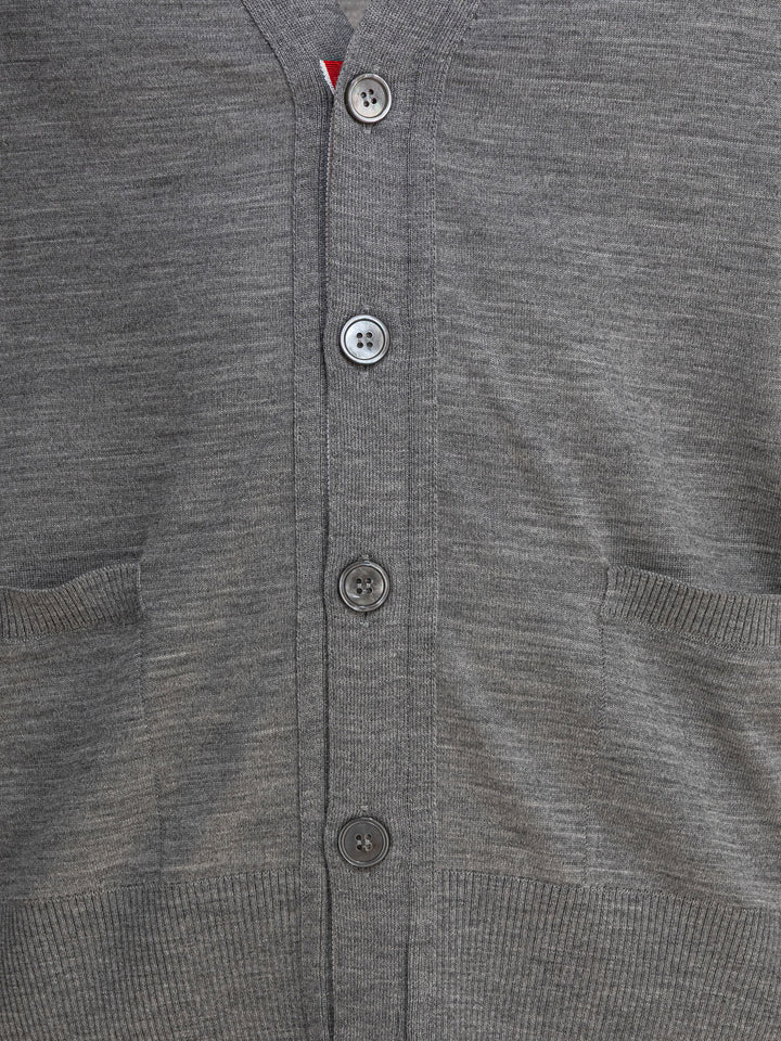 Thom Browne Classic V-Neck Cardigan In Fine Merino Wool W/ 4bar Stripes Knitwear - Grey | 25fc02ac8ae58b270c8b6a9bfe9416972956bb6b