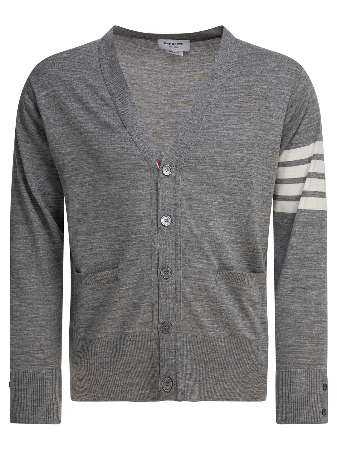 Thom Browne Classic V-Neck Cardigan In Fine Merino Wool W/ 4bar Stripes Knitwear - Grey | a06e43f006a13f70e299bb06e5c9c9fe5827b08e