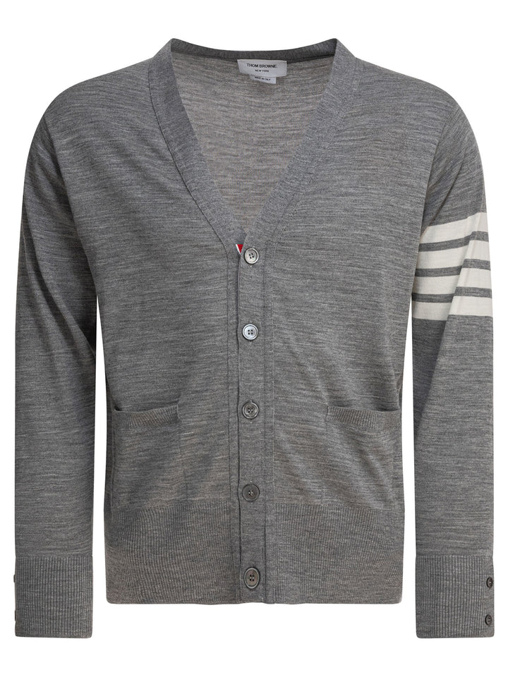 Thom Browne Classic V-Neck Cardigan In Fine Merino Wool W/ 4bar Stripes Knitwear - Grey | a06e43f006a13f70e299bb06e5c9c9fe5827b08e