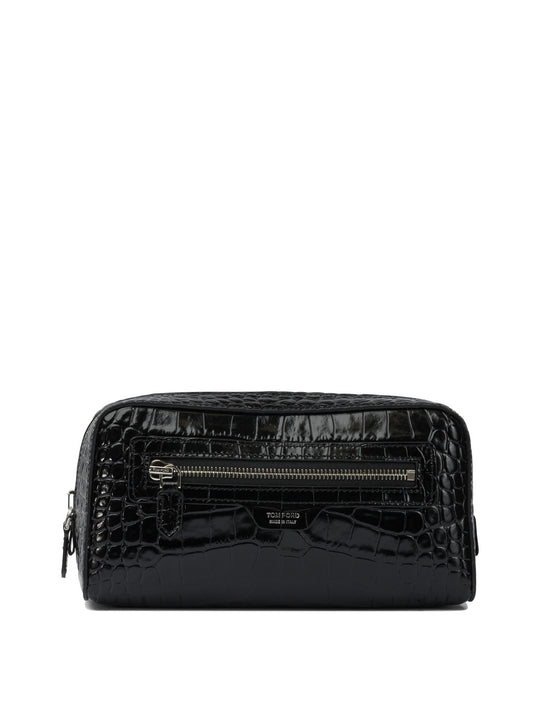 Crocodile Print Leather Beauty Case Clutches Black