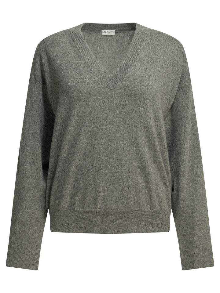 Brunello Cucinelli Cashmere V-Neck Sweater Knitwear - Grey | 976b101ec1c490b149dba8b43aa473005df432e1