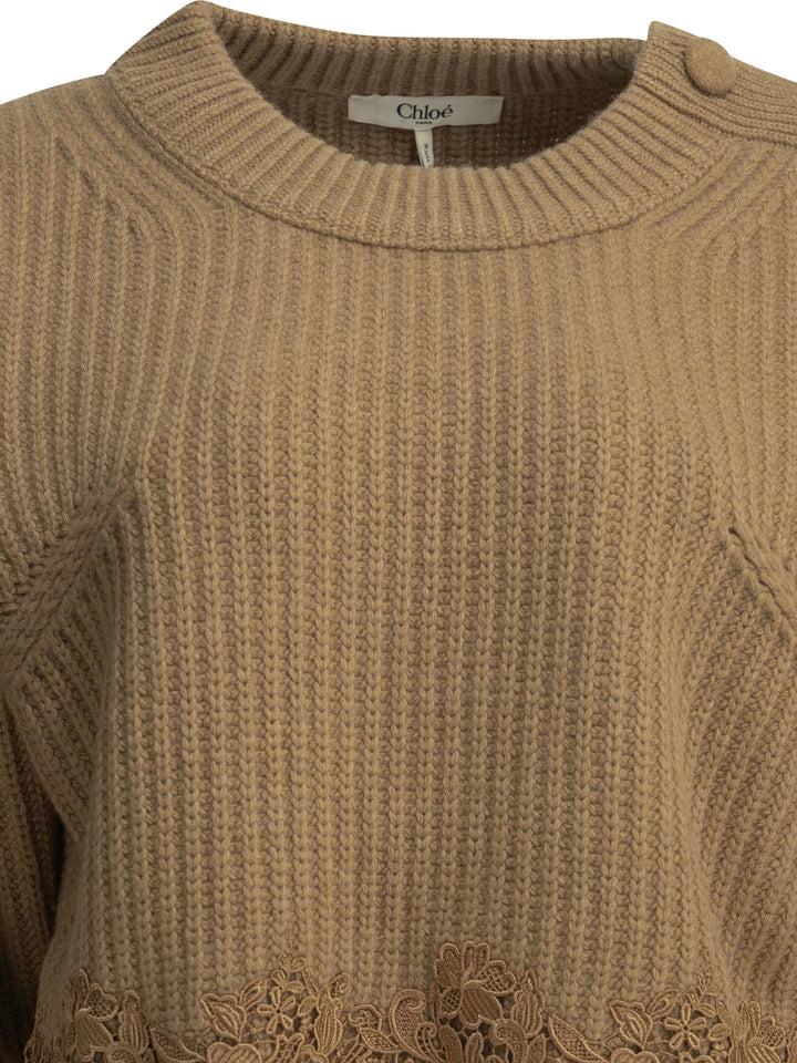 Chloé Crew-Neck Sweater With Lace Knitwear - Brown | ecf34493b76adc3e10ab3c56590a728571fc0c47