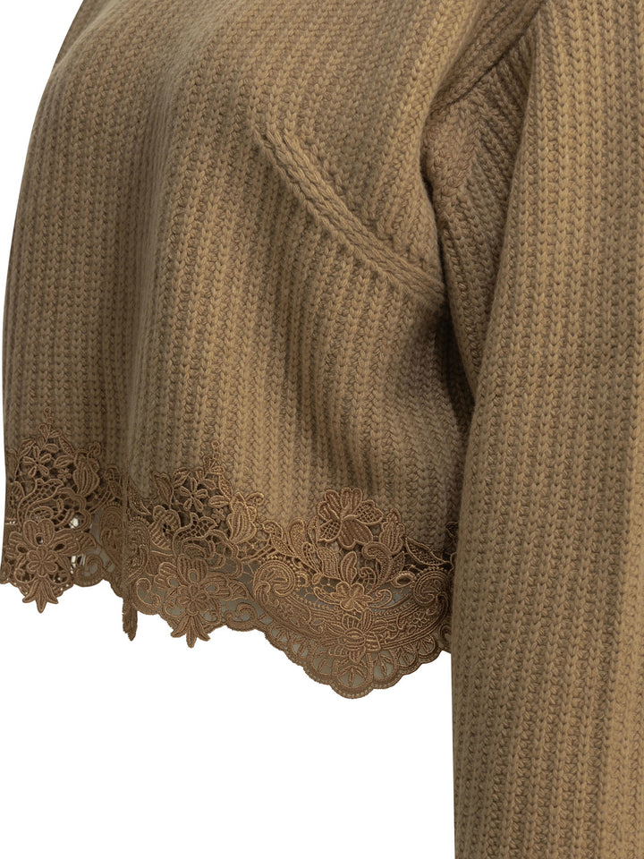 Chloé Crew-Neck Sweater With Lace Knitwear - Brown | a7f28bf718bcc9928b114b8c0118574fffb36d50
