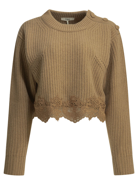 Crew-Neck Sweater With Lace Knitwear Brown