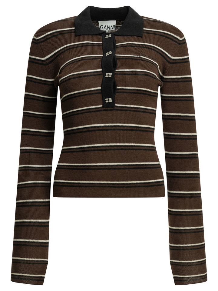 Ganni Striped Wool Polo Sweater Knitwear - Brown | 924b7510a001d3d8a3451892e77670e4a927bf09