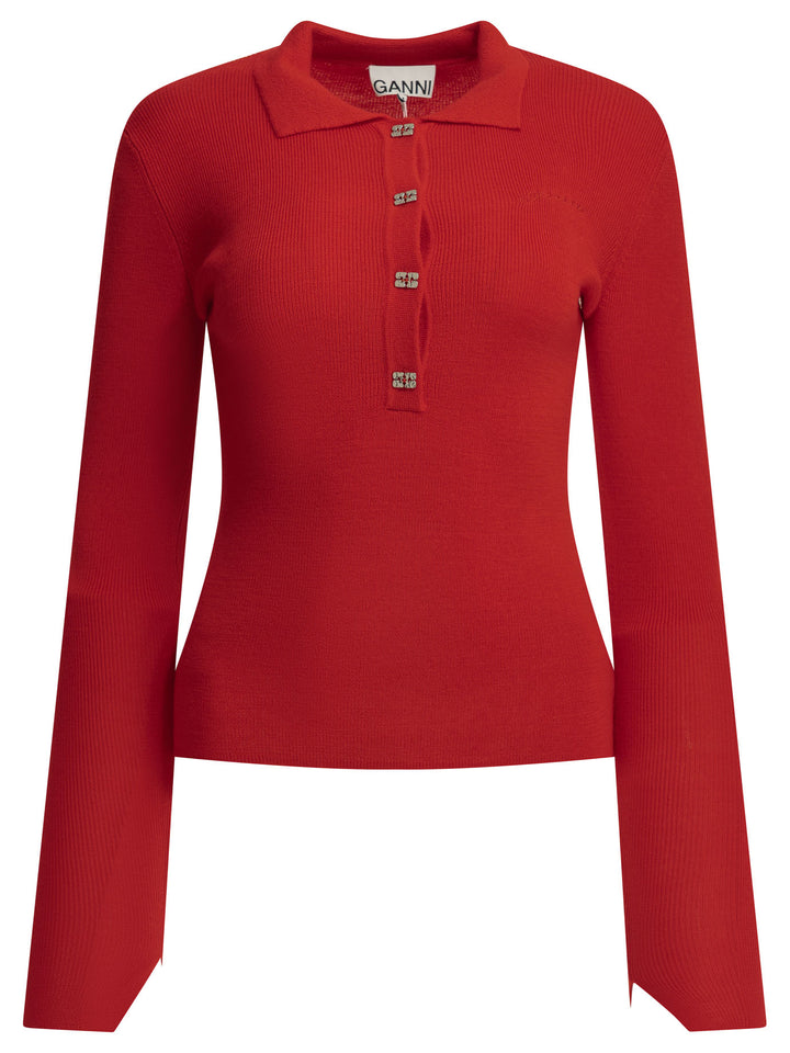 Ganni Merino Wool Polo Sweater Knitwear - Red | 1fc6d192889bcd68787fe6b43e22e9a398b49ac8