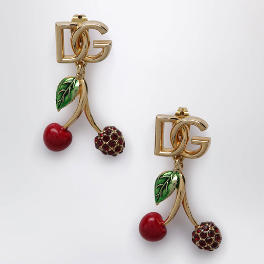 Earrings With Logo And Cherries In Brass Gold