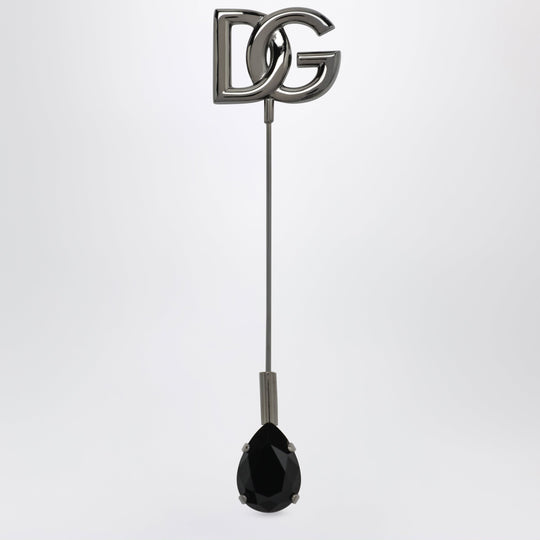 Dg Logo Brooch With Crystals In Brass, Ruthenium