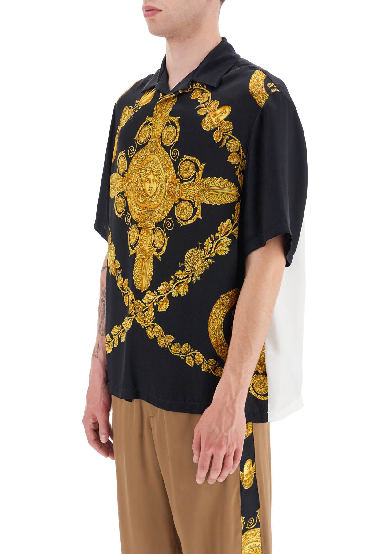 Shop Versace Mascher Baroque Satin Polo Shirt In Black, Gold, White
