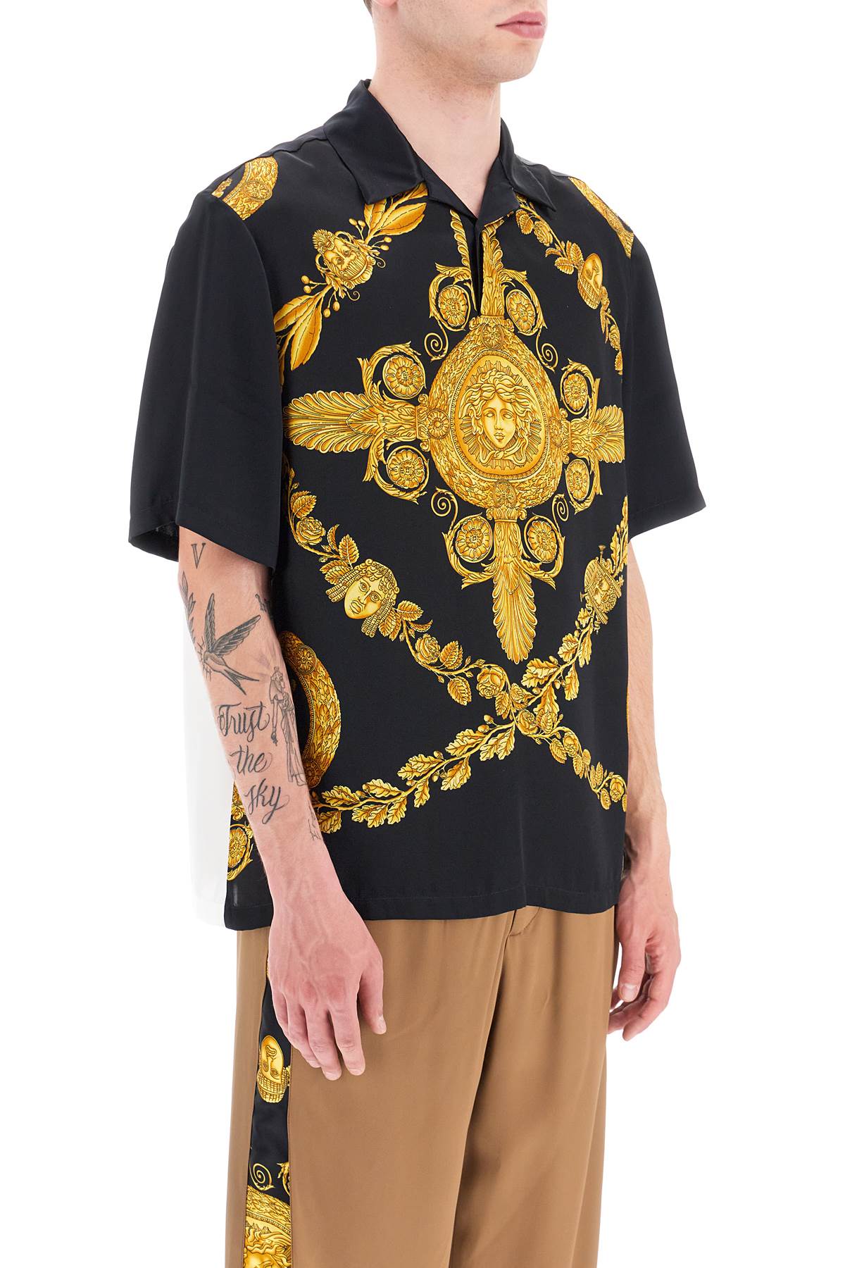 Shop Versace Mascher Baroque Satin Polo Shirt In Black, Gold, White