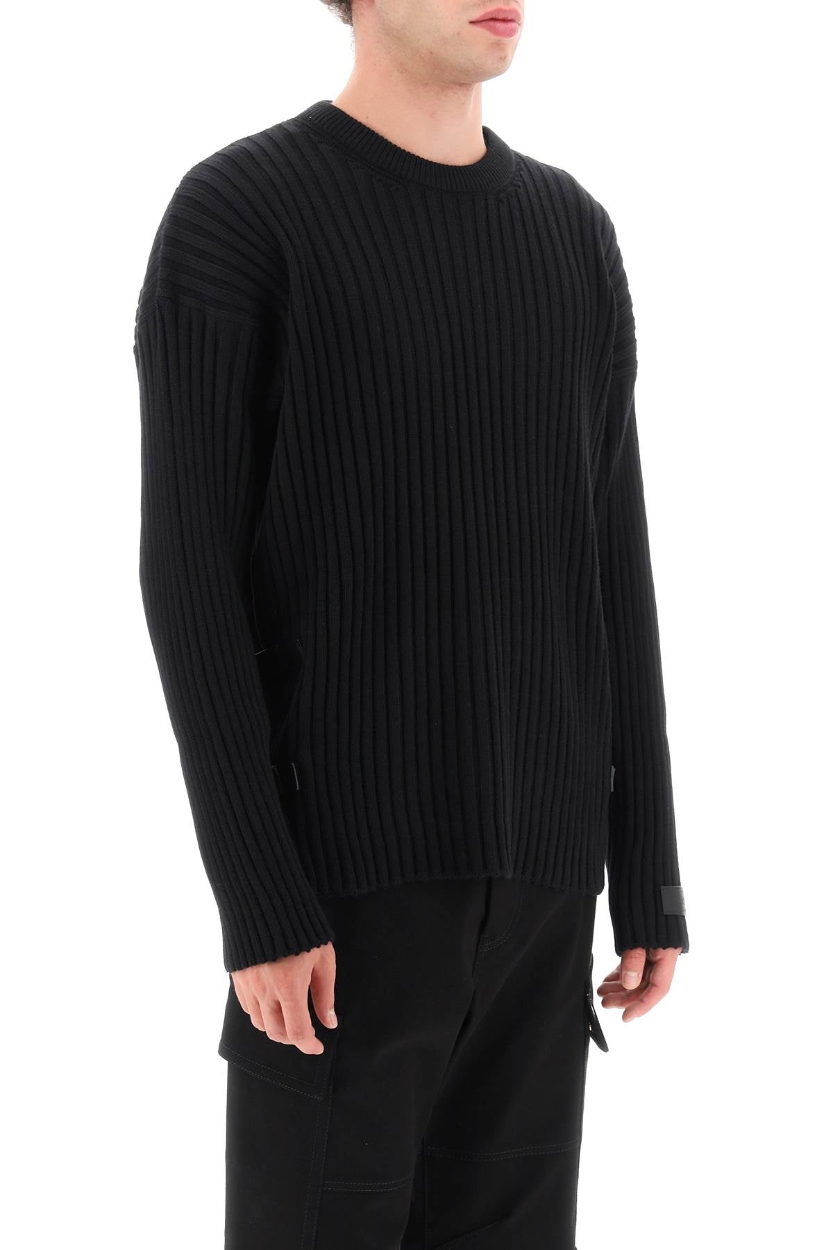 Shop Versace Ribbed Knit Sweater With Leather Straps In Black