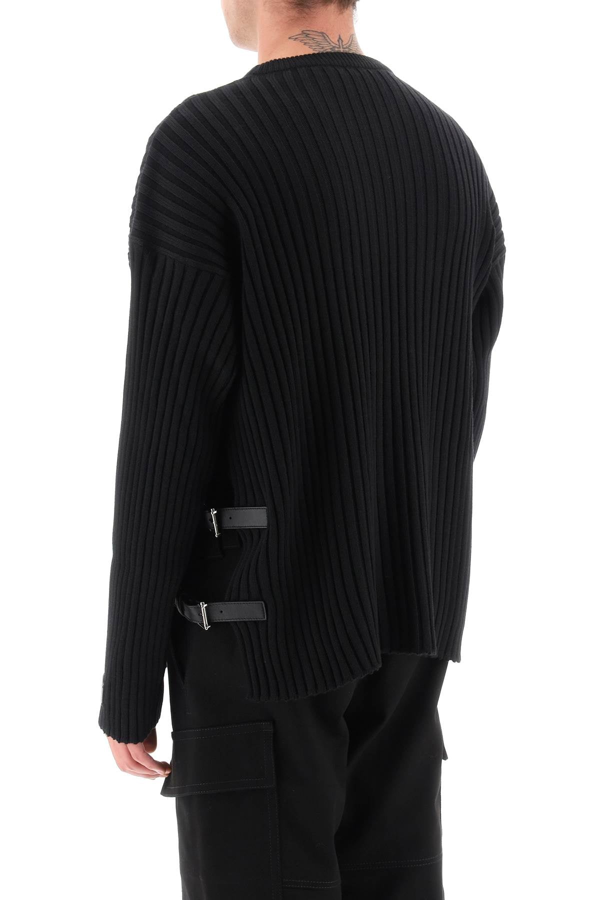 Shop Versace Ribbed Knit Sweater With Leather Straps In Black