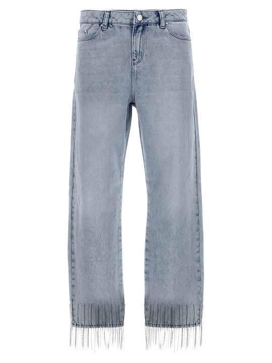 Rhinestone Fringed Jeans Light Blue