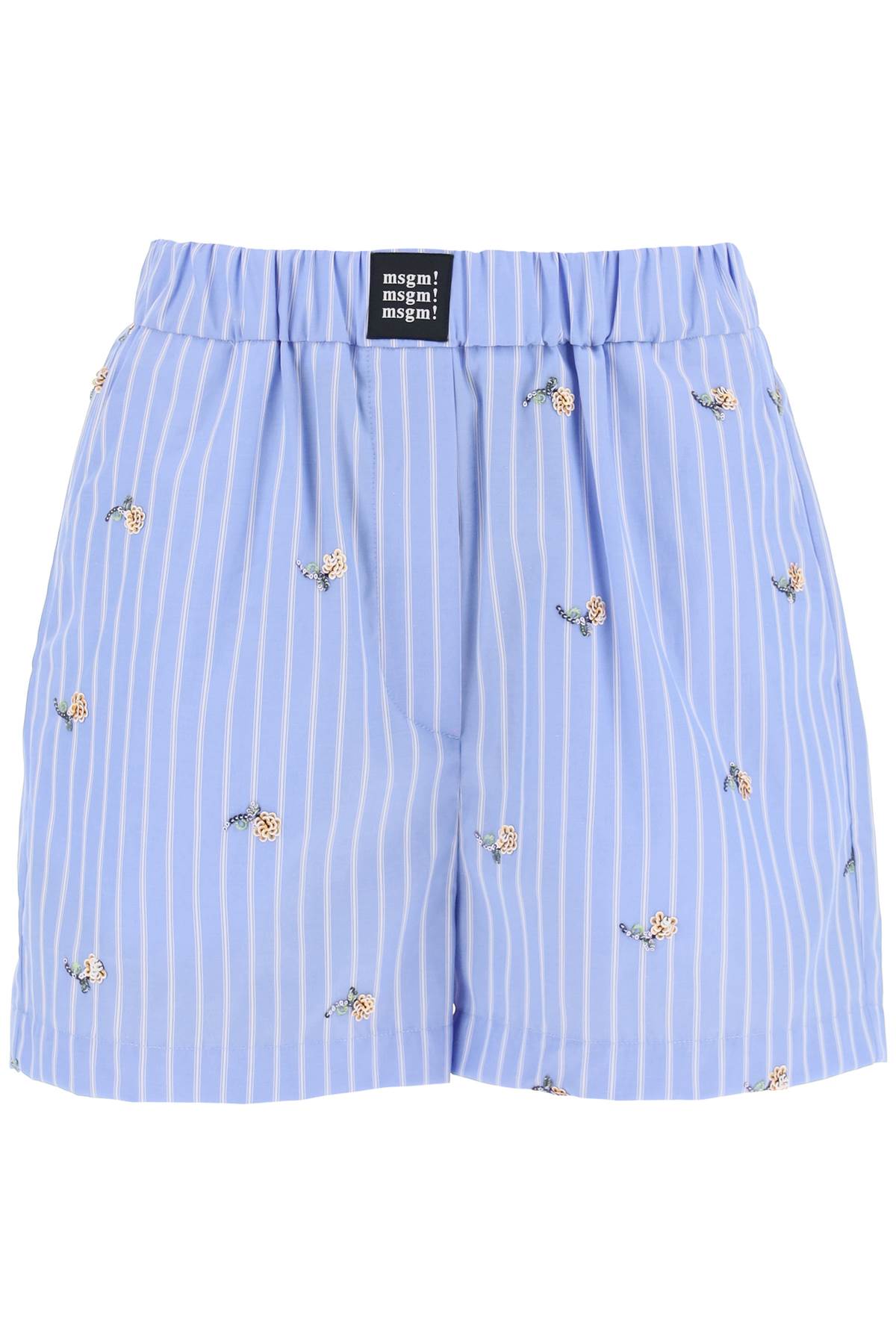 Shop Msgm Striped Poplin Shorts With Sequin Flowers In White, Light Blue