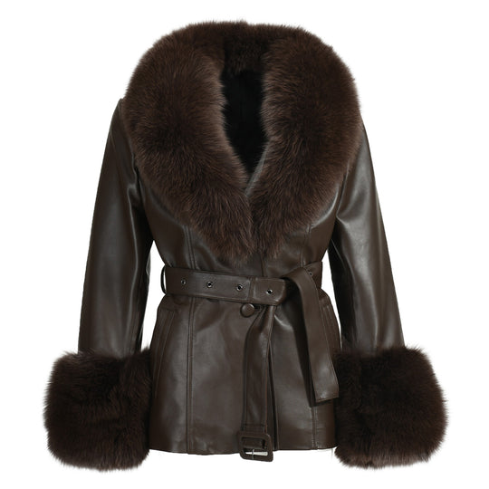 Pegghy Leather and Fur Jacket Brown