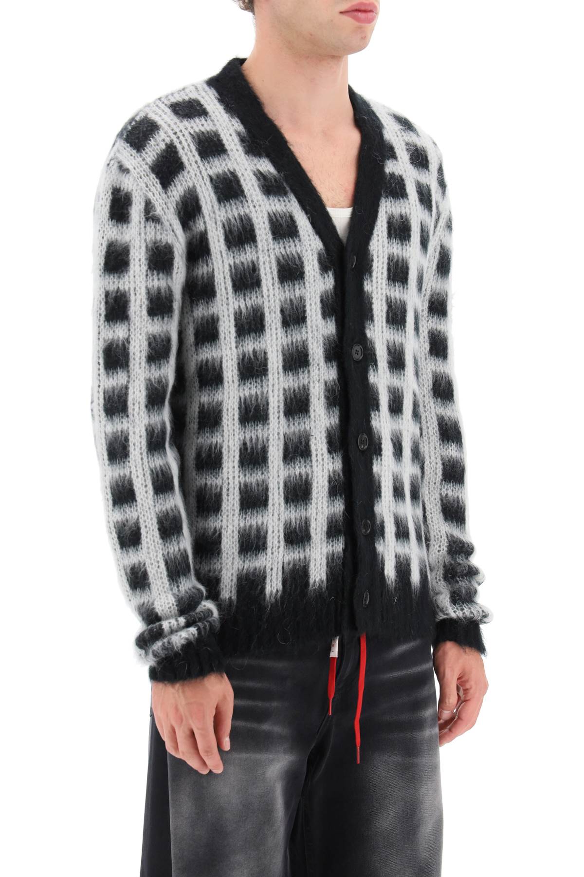Shop Marni Brushed Yarn Cardigan With Check Pattern In White, Black