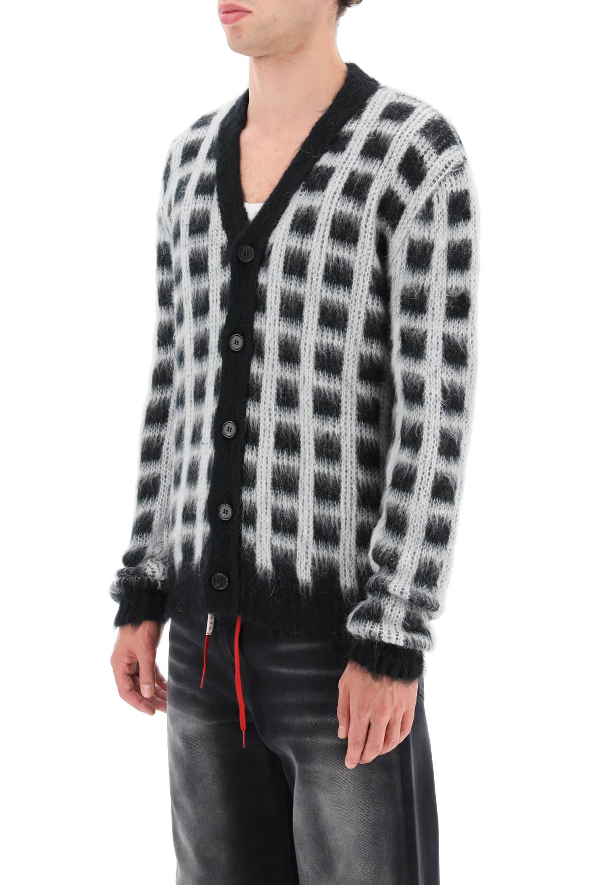 Shop Marni Brushed Yarn Cardigan With Check Pattern In White, Black