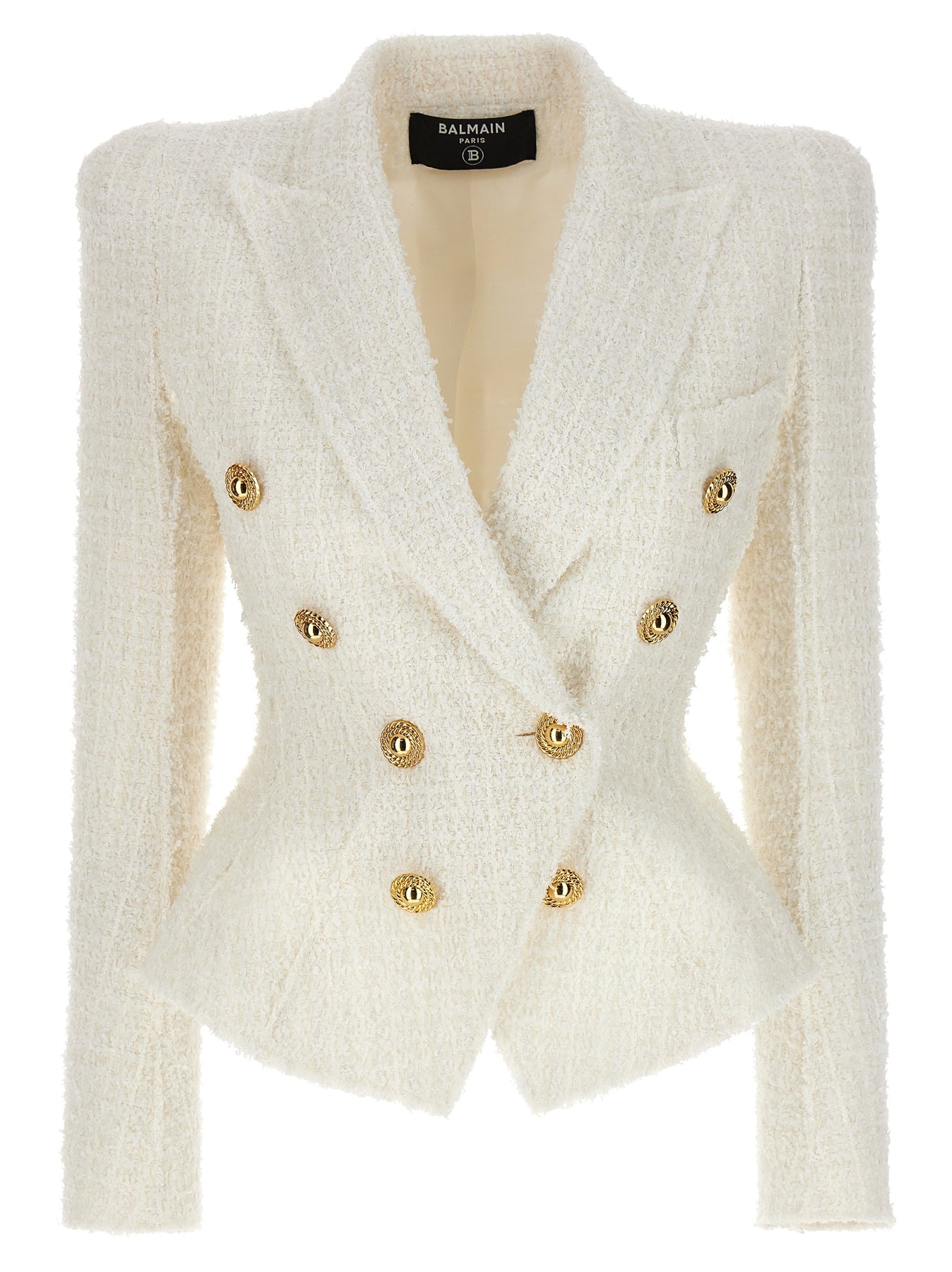 BALMAIN DOUBLE-BREASTED TWEED BLAZER WITH LOGO BUTTONS BLAZER AND SUITS