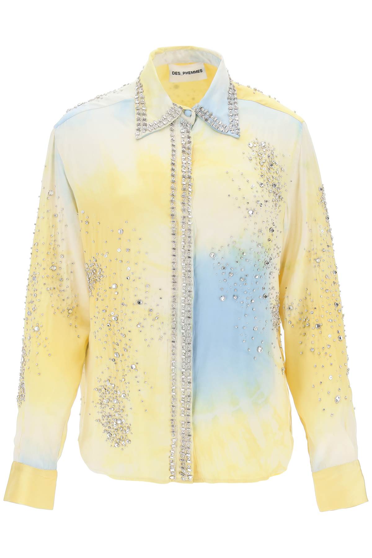 Shop Des Phemmes Silk Satin Shirt With Tie Dye Effect And Appliques In Light Blue, Yellow